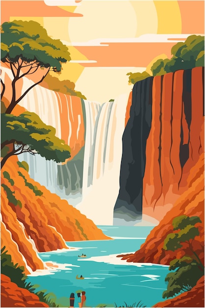 Vector iguazu-watervallen uit brazilië in het zomerseizoen met warme kleuren platte illustratie