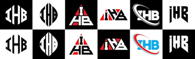 Вектор Дизайн логотипа буквы ihb в шести стилях многоугольник ihb, круг, треугольник, шестиугольник, плоский и простой стиль с черно-белой цветовой вариацией логотипа буквы, установленной в одном артборде минималистский и классический логотип ihb