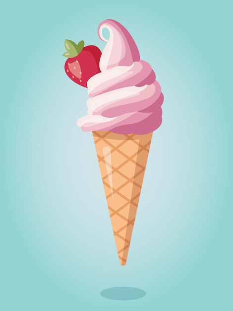 Ijs aardbei vector. Vanille dessert zomer illustratie. Bevroren tussendoortje. Wafel ijs.