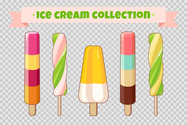 Ijs collectie op transparante achtergrond Kleurrijke heldere ijs wafel kegels en fruit ice