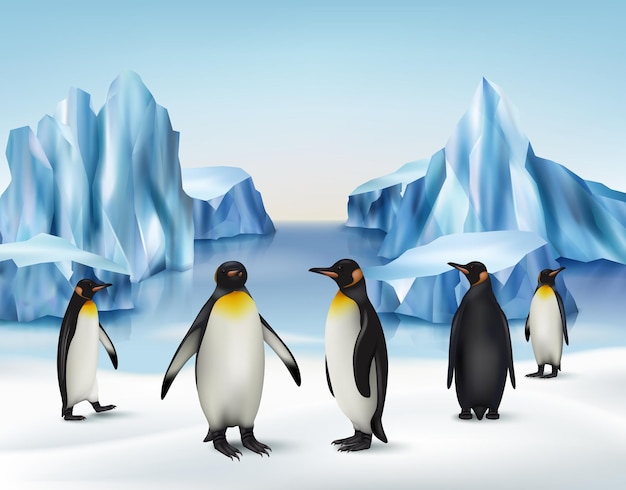 Ijs rotsen Noordpool koude sneeuw achtergrond met pinguïns permanent op ijsberg buiten antarctica milieu fatsoenlijke realistische vectorillustratie