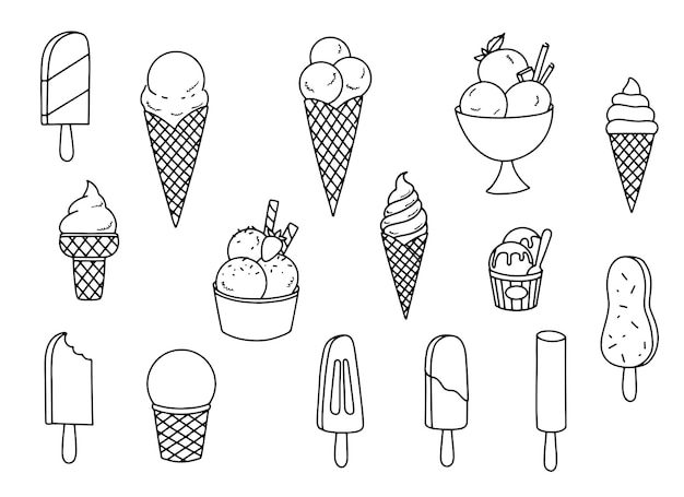 Ijs set, met de hand getekende illustratie. Alle soorten heerlijke ijssnoepjes. Geïsoleerde pictogrammen voor het zomermenu. Minimale elegante illustraties