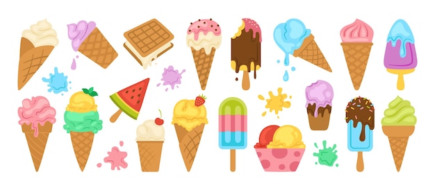 IJs tekenfilm verzameling. Chocolade, vanille-ijsje, fruit, munt, bessenijsje.