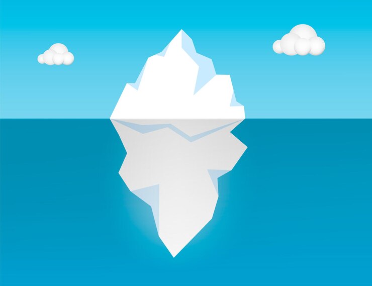 Vector ijsberg drijvend in oceaan illustratie enorm wit blok ijs drijft langs blauwe stroming met enorm onderwatergedeelte een arctische rots ontsnapping uit de noordelijke kust van antarctica cartoon ijzige vector
