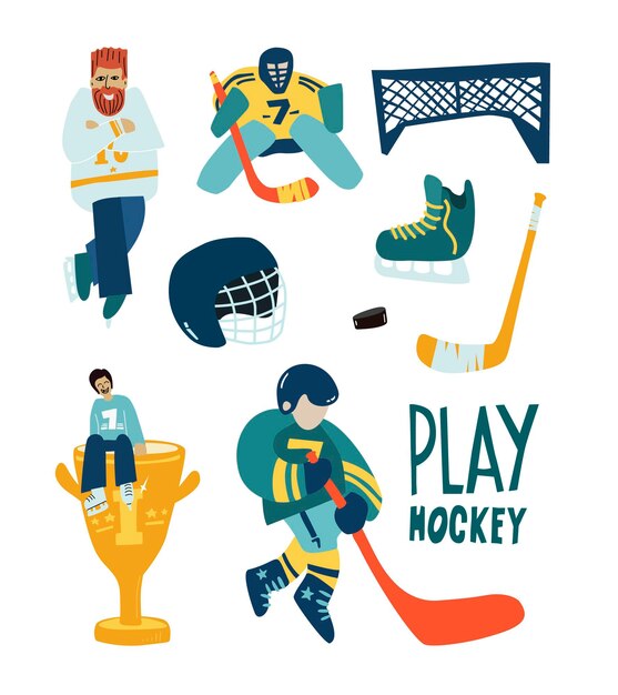 IJshockey-elementen en uitrusting Ich hockeyspeler met stick en puck Doodle platte elementen