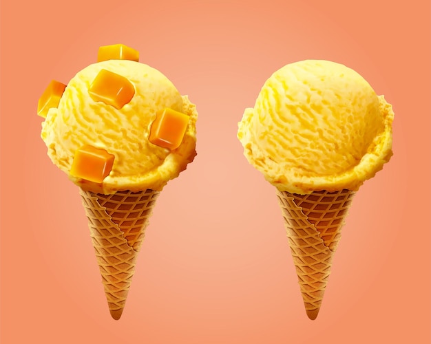 Ijshoorntje met sappige gehakte mango in 3d illustratie