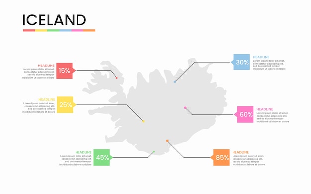 Ijsland landkaart infographic sjabloon met aanwijzertekens