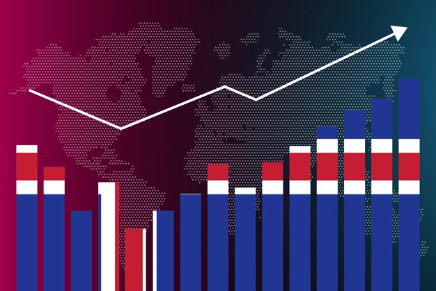 Vector ijsland staafdiagramgrafiek met ups en downs, stijgende waarden, ijslandse landvlag op staafdiagram