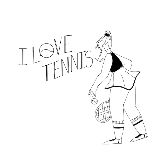 Ik ben dol op tennisbelettering met een meisjestennisser in sportkleding met een racket en een bal.