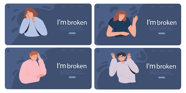 Ik ben gebroken Ongelukkige mensen Slecht humeur depressieve toestand Het concept van geestelijke gezondheid Psychotherapie Een pijnlijke toestand Landing Page Template Cartoon vectorillustratie Alle elementen geïsoleerd