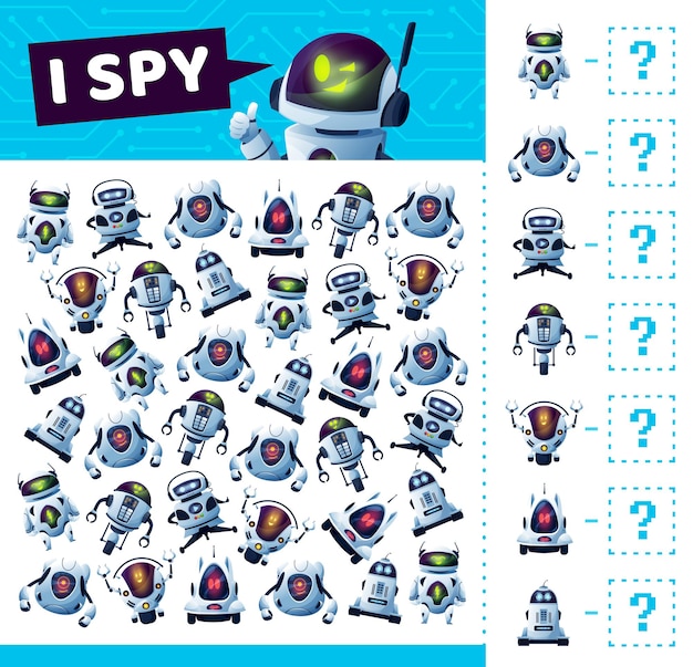 Ik bespioneer een spel met robots en droids of bots, vector cartoon zoek en match bordspel. Kindertafelpuzzel of raadspelraadsel, ik bespioneer of vind vergelijkbare futuristische robots en Android-bots