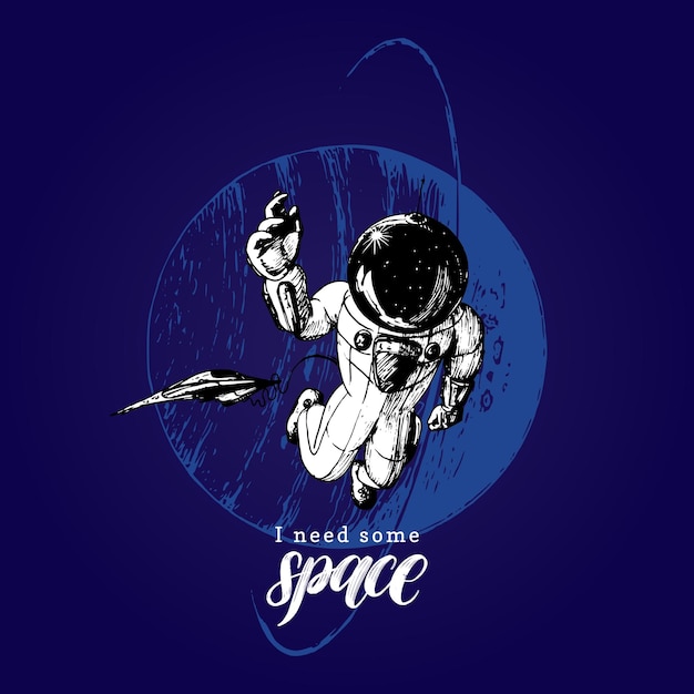 Ik heb wat ruimte nodig met de hand geschreven zin getekende vectorillustratie van astronaut en space shuttle op uranus-achtergrond