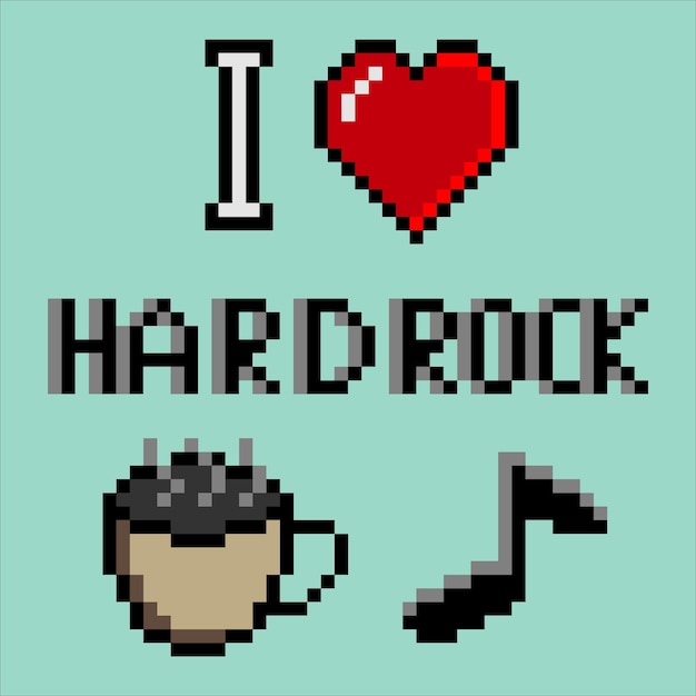 Ik hou van hardrockmuziekkoffie met pixelart. Vector illustratie.