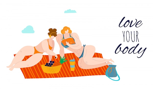 Ik hou van je lichaam, dikke, bodypositieve vrouwen die geen fruit eten in de zomer, gekleed in zwemkleding, illustratie met overgewicht.