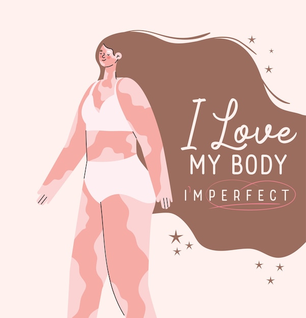 Vector ik hou van mijn lichaam onvolmaakte perfecte vitiligo vrouw cartoon in ondergoed ontwerp, zorg jezelf thema