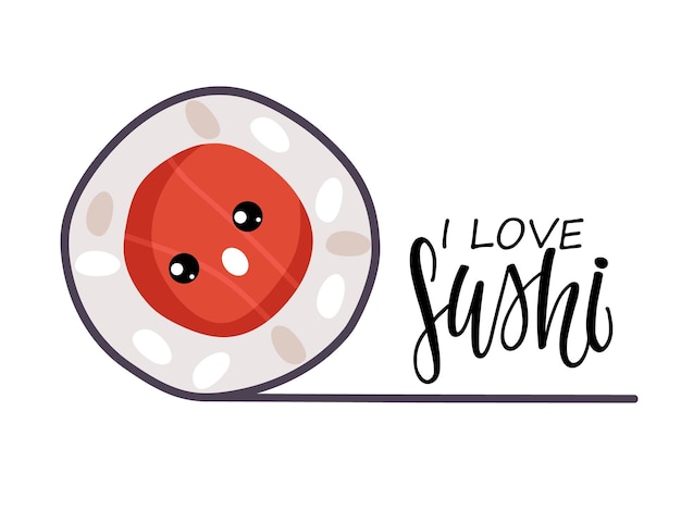 Vector ik hou van sushi-logo. handgeschreven inscriptie met platte kawaii sushi vectorillustratie. belettering