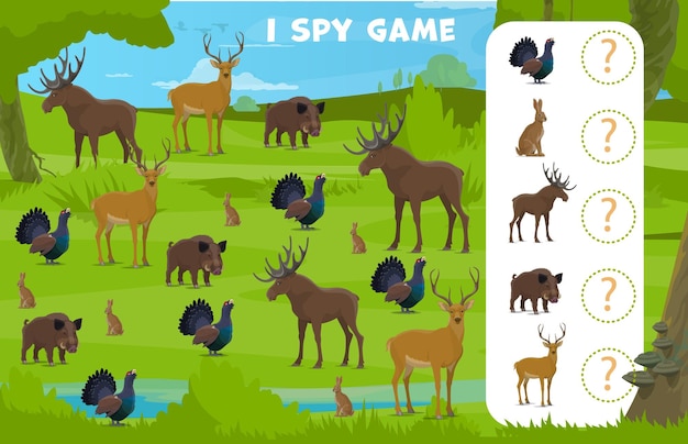 Ik spionage spel met bos jagen dieren op puzzel werkblad vector quiz kinderen wilde eland hert en konijn haas of grouse en zwijn in het bos jagen op puzzer quiz om te vinden en overeenkomen met soortgelijke afbeelding