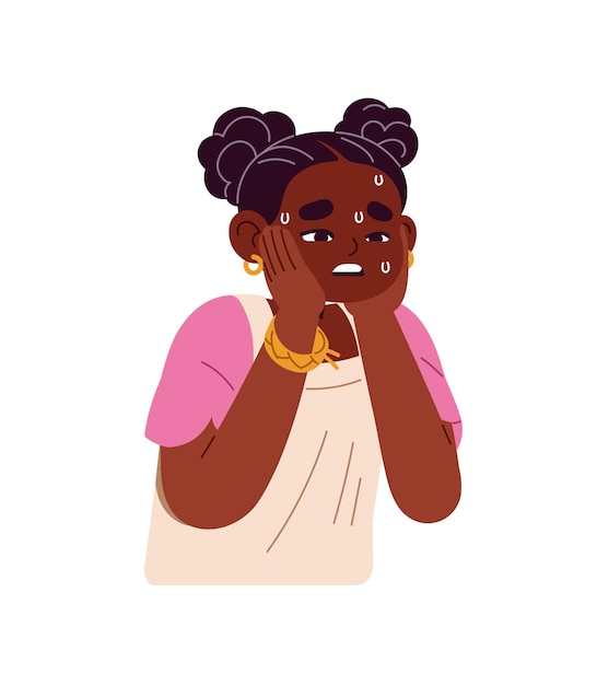 ill child with temperature sweat from fever little black girl is sick suffers from flu influenza symptoms kid feels bad unwell from cold disease flat isolated vector illustration on white