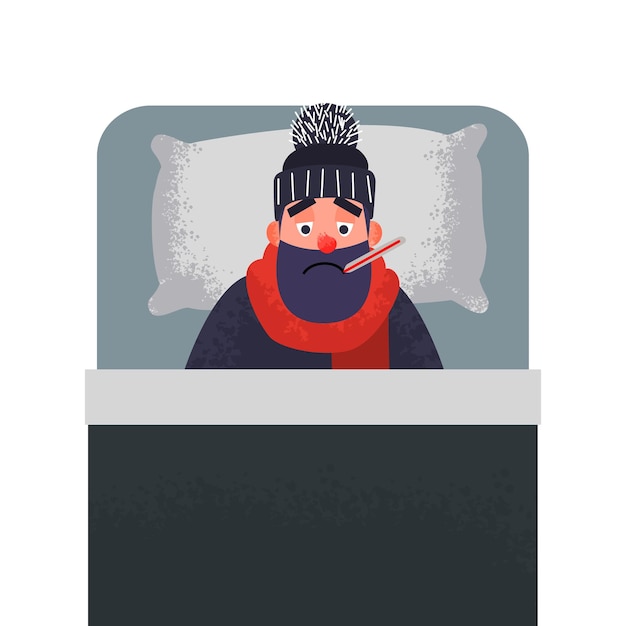 Uomo freddo malato a letto con un termometro in bocca