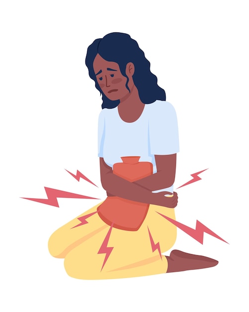 Ill looking young woman with heating pad semi flat color vector character