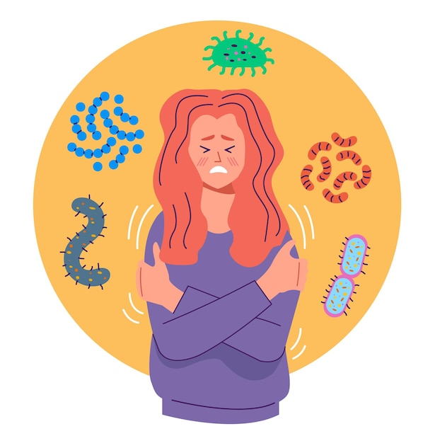 Vector ill people cough with flying germs around concept flat graphic design illustration