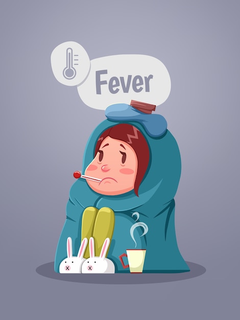 ill young girl with fever drinking cup of warm tea. Vector illustration