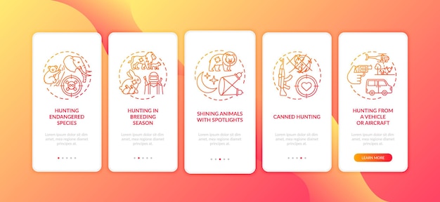 Vector illegal hunting red onboarding mobile app page screen with concepts