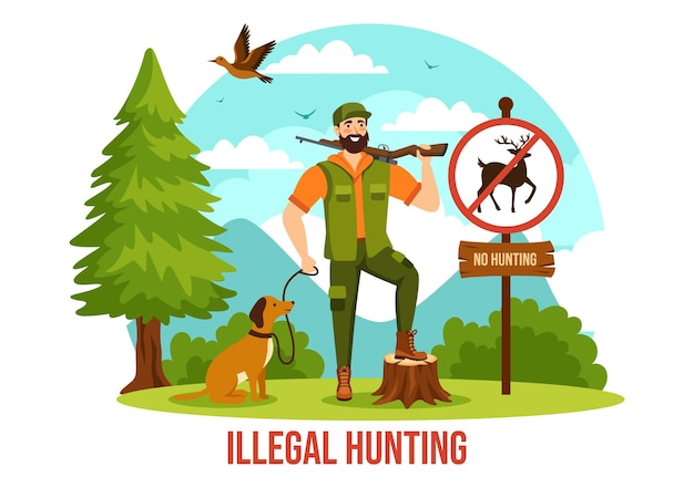 Illegale jacht vector illustratie door het schieten van wilde dieren en planten te verkopen