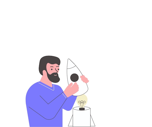 벡터 illsutration of man holding a small rocketship with light bulb with guy drawing handling mini spacecraft 오래된 멋진 생각을 찾아내다