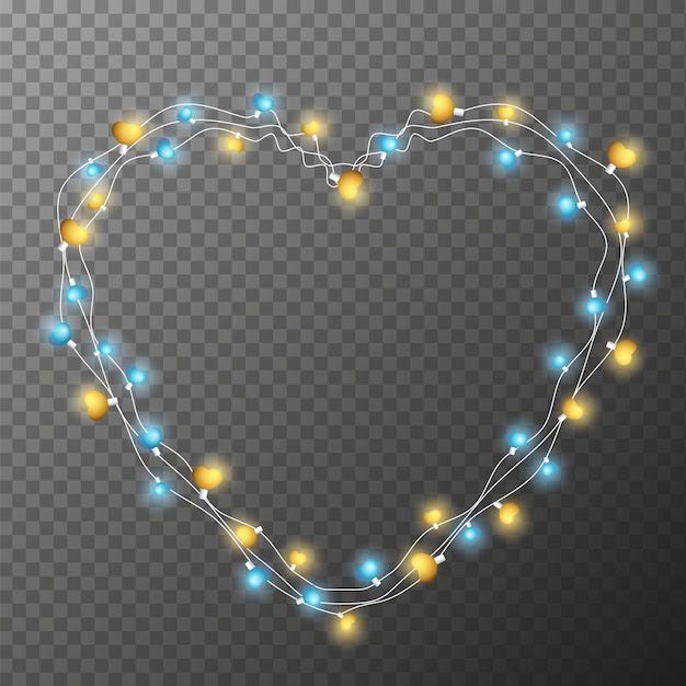 Illuminated garlands in heart shapes on transparent background for decoration on valentines day