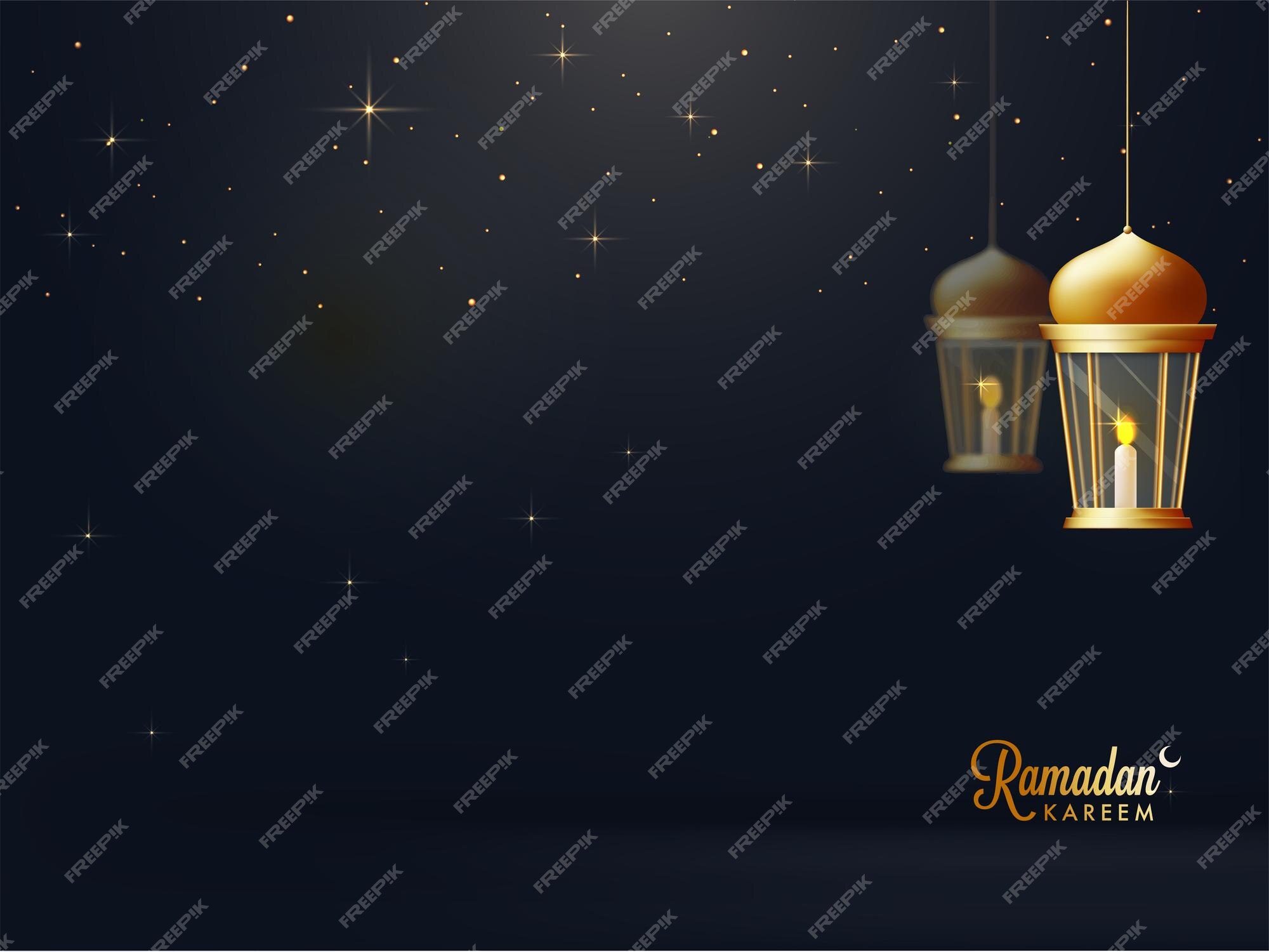 Premium Vector | Illuminated golden lamps hang and lights effect on black  background for islamic holy month ramadan kareem celebration