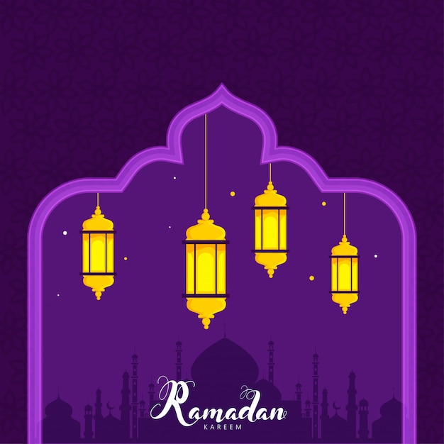 Illuminated lanterns and mosque silhouette on purple background for ramadan kareem concept.