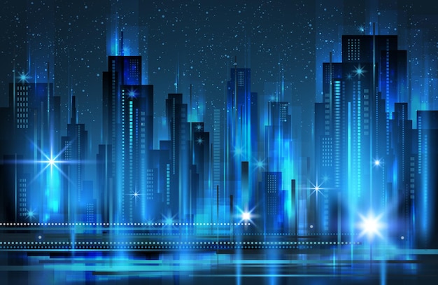 Vector illuminated night city skyline vector illustration