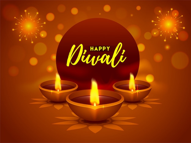 Illuminated oil lamps (Diya) for Happy Diwali Festival celebration concept