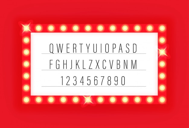 Illuminated retro cinema frame vector alphabet with letters and numbers