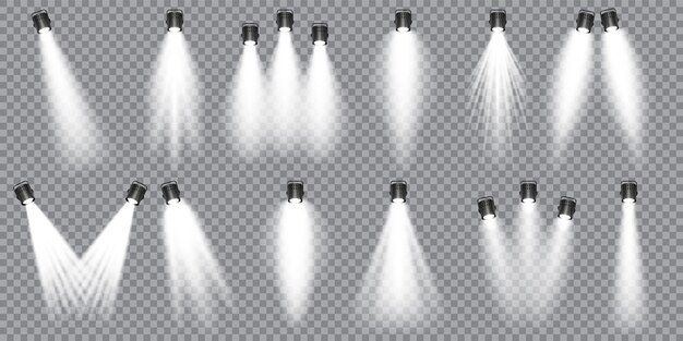 Vector illuminated studio spotlights collection bright light beam transparent realistic effect stage