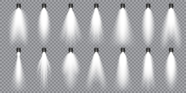 Illuminated studio spotlights collection bright light beam transparent realistic effect stage