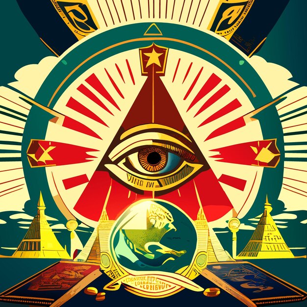 illuminati Eye of Providence with money Nuclear weapon gold and earth in the background in seamp