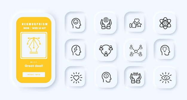 Illuminator ingesteld pictogram Website lamp licht gloed verlichting idee inspiratie hersenen werk oplossing elektriciteit analytics statistieken doel pomp hersenen UI telefoon app scherm Vector icon for Business