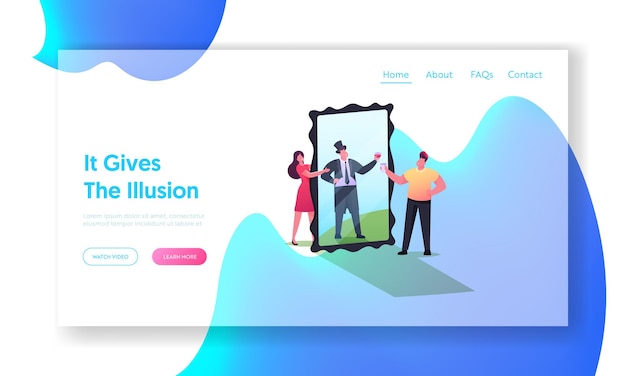 イリュージョンランディングページテンプレート。成功した繁栄したビジネスマンのウェアスーツを反映した男性の大きな鏡への女性キャラクターショー。貧乏人は裕福になることを夢見る、漫画の人々のベクトル図