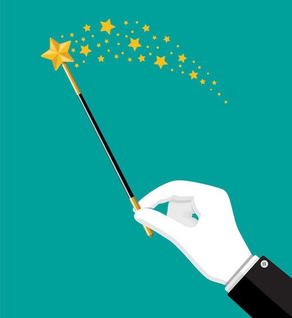 Vector illusionist magical stick with sparkle. miracle wizard wand tool rod in hand. circus, magical show, comedy.