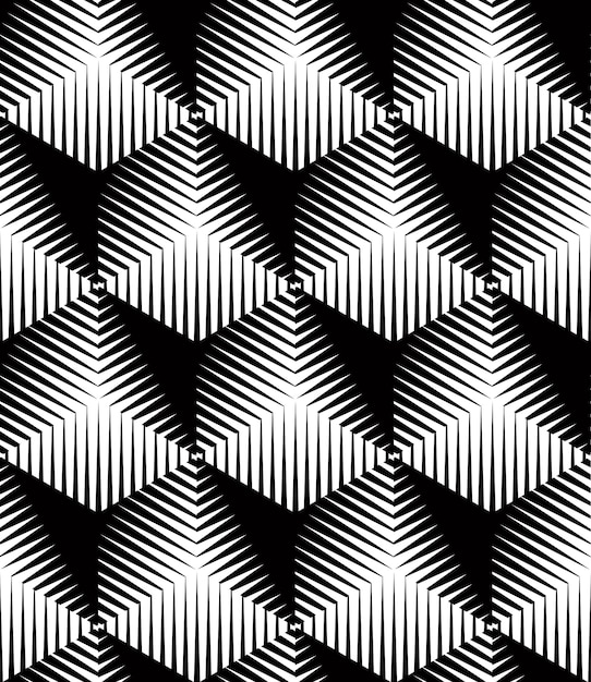 Illusive continuous monochrome pattern, decorative abstract background with 3d geometric figures. Contrast ornamental seamless backdrop, can be used for design and textile.
