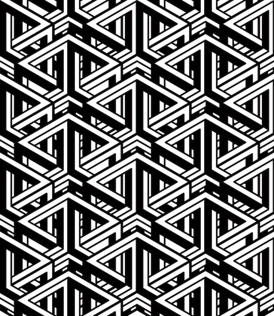 Vector illusive continuous monochrome pattern, decorative abstract background with 3d geometric figures. contrast ornamental seamless backdrop, can be used for design and textile.