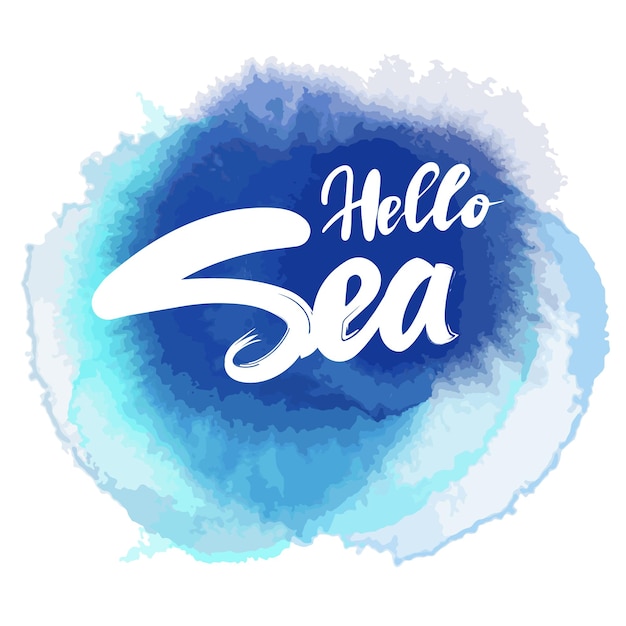 Vector illustartion belettering hallo zee blauwe achtergrond aquarel