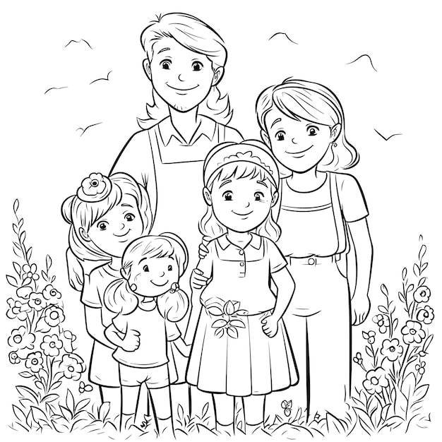 illustartion coloring book page family