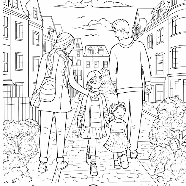 illustartion coloring book page family