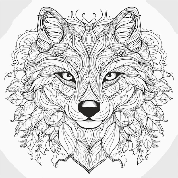 illustartion coloring book page head wolf