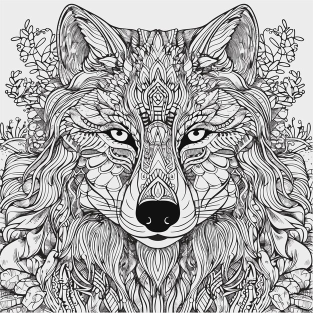 illustartion coloring book page head wolf