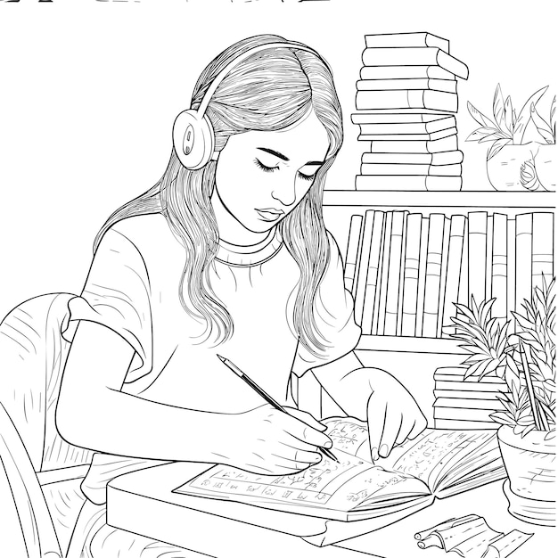 Illustartion coloring book page woman study clean