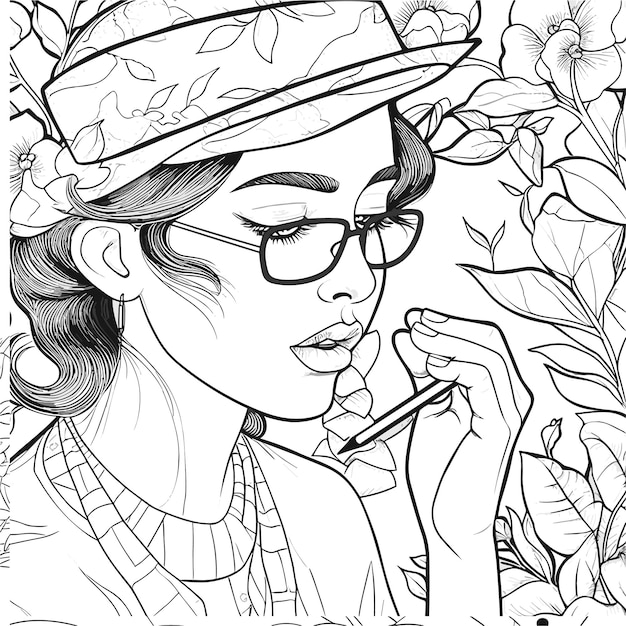 illustartion coloring book page woman study
